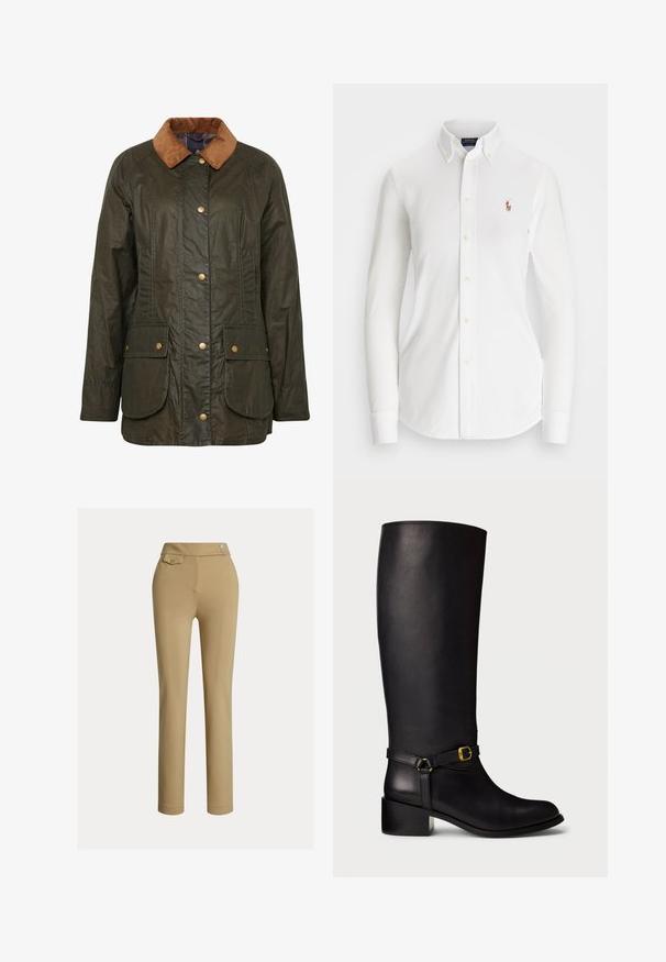 Barbour gewaxte katoenen jas in donkerolijf groen met een corduroy kraag, drukknoopsluiting en twee voorzakken. Gelaagd, duurzaam ontwerp.; Witte overhemd met lange mouwen en een puntkraag, gemaakt van katoen. Voorzien van een klein geborduurd logo op de linkerborst.; Beige slim-fit vrouwenbroek met hoge taille, twee knopen aan de zijkant en een klein knoopsluiting flapzakje nabij de tailleband.; Zwarte leren kuitlange laarzen met een lage blokhak en een decoratieve band met een kleine gouden gesp op de enkel.