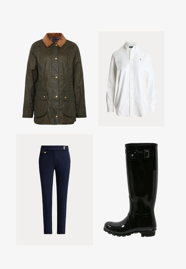Αδιάβροχο μπουφάν από κερωμένο βαμβάκι Barbour σε σκούρο ελαιόχρωμο με κολλέρο από καπιτονέ, κουμπιά με σSnap και δύο εξωτερικές τσέπες. Υφή ανθεκτική και σχεδίαση.; Λευκό πουκάμισο μακρυμάνικο με κουμπιά και γιακά με κουμπιά καθώς και μικρό κεντητό λογότυπο παίκτη πόλο στο αριστερό στήθος.; Παντελόνι ναυτικού μπλε σε στενή γραμμή με μπροστινή τσέπη με καπάκι και τρία διακοσμητικά χρυσά κουμπιά στη μέση.; Μαύρη καουτσούκ βροχομπότα με γυαλιστερή φινίρισμα, ψηλό σχέδιο, αξεσουάρ αγκίστρου στο πλάι, υφασμένη σόλα για πρόσφυση και στρογγυλή μύτη.