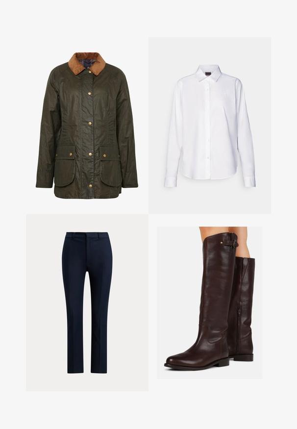 Veste en coton ciré Barbour en vert olive foncé avec un col en velours côtelé, boutons-pression et deux poches plaquées à l'avant. Design texturé et durable.; Chemise blanche à manches longues, boutonnée, fabriquée en coton. Comprend un col classique et une broderie de marque discrète sur la poitrine. Texture lisse.; Pantalon droit bleu marine foncé sur mesure avec passants de ceinture et fermeture éclair devant, sur fond blanc.; Bottes marron en cuir montantes avec un bout arrondi, fermeture éclair latérale et un petit détail de boucle en haut, présentant une texture lisse.