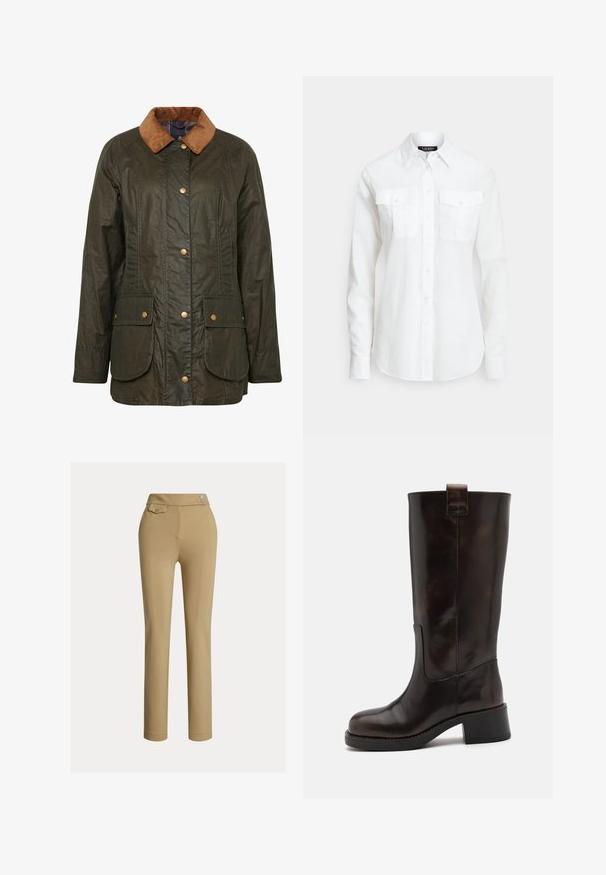 Barbour gewaxte katoenen jas in donkerolijf groen met een corduroy kraag, drukknoopsluiting en twee voorzakken. Gelaagd, duurzaam ontwerp.; Wit overhemd met knopen, gemaakt van gestructureerde stof, met een spitse kraag, lange mouwen en twee borstzakken met klep.; Beige slim-fit vrouwenbroek met hoge taille, twee knopen aan de zijkant en een klein knoopsluiting flapzakje nabij de tailleband.; Bruine leren kniehoog laarzen met een stevige blokhak, glanzende afwerking en een trekvoetje aan de achterkant; heeft een gestroomlijnd silhouet en een duurzame zool.