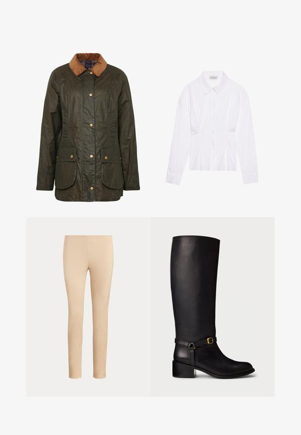 Barbour gewaxte katoenen jas in donkerolijf groen met een corduroy kraag, drukknoopsluiting en twee voorzakken. Gelaagd, duurzaam ontwerp.; Witte blouse met lange mouwen en een klassieke kraag, met een sluiting aan de voorkant met knopen en geplooide details aan de zijkant. Glad materiaal met een getailleerde pasvorm.; Beige slim-fit enkellange broek met een gladde afwerking en zonder zichtbare zakken of versieringen op een effen achtergrond.; Zwarte leren kuitlange laarzen met een lage blokhak en een decoratieve band met een kleine gouden gesp op de enkel.