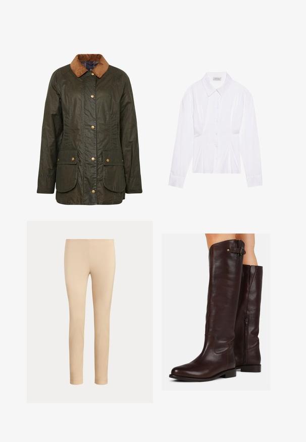 Αδιάβροχο μπουφάν από κερωμένο βαμβάκι Barbour σε σκούρο ελαιόχρωμο με κολλέρο από καπιτονέ, κουμπιά με σSnap και δύο εξωτερικές τσέπες. Υφή ανθεκτική και σχεδίαση.; Λευκή μπλούζα με μακριά μανίκια και κλασικό γιακά, με κλείσιμο μπροστά με κουμπιά και λεπτομέρεια συσσίτισης στο πλάι. Λείο ύφασμα με κομψό σχήμα.; Μπεζ στενά παντελόνια μέχρι τον αστράγαλο με λεία υφή και χωρίς ορατές τσέπες ή διακοσμητικά σε μονόχρωμο φόντο.; Καφέ δερμάτινες μπότες έως το γόνατο με στρογγυλή μύτη, πλαϊνό φερμουάρ και μια μικρή λεπτομέρεια από κούμπωμα στην κορυφή, με λεία υφή.