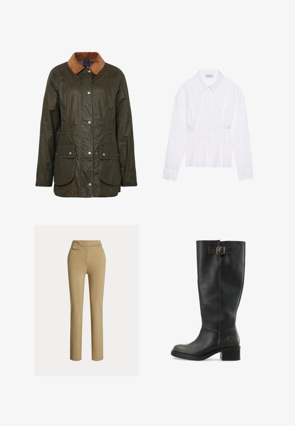 Veste en coton ciré Barbour en vert olive foncé avec un col en velours côtelé, boutons-pression et deux poches plaquées à l'avant. Design texturé et durable.; Blouse blanche à manches longues avec un col classique, fermeture à boutons sur le devant et détail froncé sur le côté. Tissu lisse avec une coupe ajustée.; Pantalons slim beige pour femmes avec taille haute, deux boutons sur le côté et une petite poche à rabat boutonnée près de la taille.; Botte noire en cuir montant jusqu'au genou avec un talon large, dotée d'une boucle sur le côté et de coutures contrastantes le long des seams. Texture lisse.
