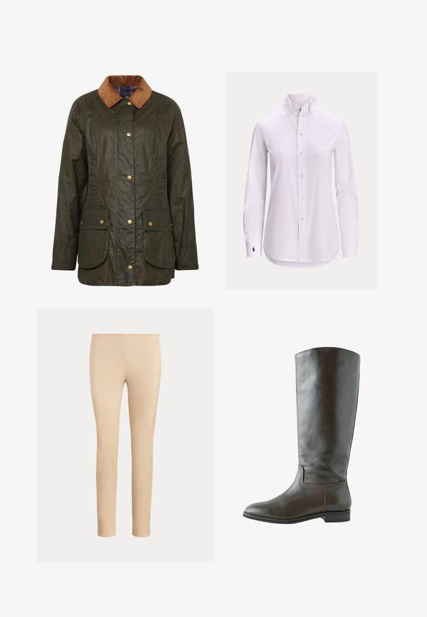 Veste en coton ciré Barbour en vert olive foncé avec un col en velours côtelé, boutons-pression et deux poches plaquées à l'avant. Design texturé et durable.; Chemise blanche à manches longues avec col boutonné et petit logo brodé sur le poignet gauche.; Pantalon beige slim fit longueur cheville avec une finition lisse, sans poches visibles ni ornements, sur un fond uni.; Botte en cuir marron montant, avec une texture lisse, un bout arrondi et peu de détails de couture. Semelle plate avec un petit talon.