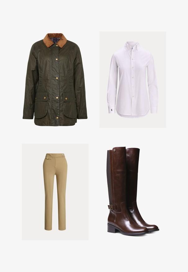 Barbour gewaxte katoenen jas in donkerolijf groen met een corduroy kraag, drukknoopsluiting en twee voorzakken. Gelaagd, duurzaam ontwerp.; Witte blouse met lange mouwen, knoopsluiting, een knoopsluitkraag en een klein geborduurd logo op de linkermanchet.; Beige slim-fit vrouwenbroek met hoge taille, twee knopen aan de zijkant en een klein knoopsluiting flapzakje nabij de tailleband.; Bruine leren laarzen tot de knie met een gladde afwerking, contrasterend stofpaneel, enkelgesp detail en lage blokhak.