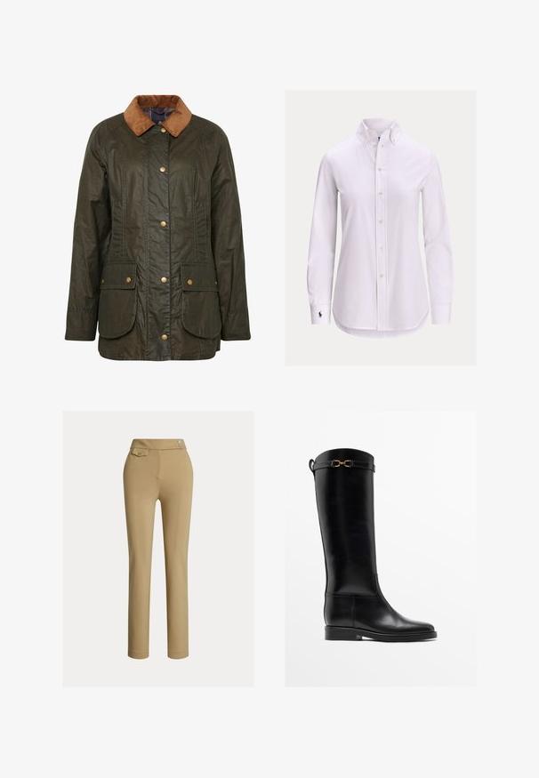Barbour gewaxte katoenen jas in donkerolijf groen met een corduroy kraag, drukknoopsluiting en twee voorzakken. Gelaagd, duurzaam ontwerp.; Witte blouse met lange mouwen, knoopsluiting, een knoopsluitkraag en een klein geborduurd logo op de linkermanchet.; Beige slim-fit vrouwenbroek met hoge taille, twee knopen aan de zijkant en een klein knoopsluiting flapzakje nabij de tailleband.; Hoge zwarte leren laars met lage hak en gouden gespdetail vlak bij de bovenkant, zijaanzicht op een witte achtergrond.