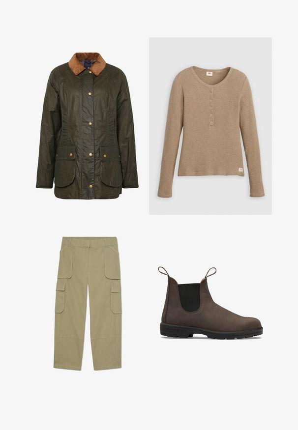 Barbour gewachste Baumwolljacke in dunklem Olivgrün mit einem Cordkragen, Druckknöpfen und zwei aufgesetzten Taschen vorne. Strukturierte, strapazierfähige Gestaltung.; Langärmliges beiges Waffelstrick-Henley-Shirt mit rundem Ausschnitt und fünf Knöpfen, flach liegend vor weißem Hintergrund dargestellt.; Khakifarbene Cargohose mit mehreren Klappentaschen vorne und an den Seiten, geradem Bein und Gürtelschlaufen in der Taille.; Braune Leder-Chelsea-Boots mit elastischen Seitenpanelen, Ziehlaschen und einer Gummisohle, die für Langlebigkeit und einfachen Tragekomfort entwickelt wurden.