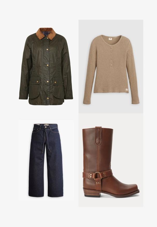 Barbour gewaxte katoenen jas in donkerolijf groen met een corduroy kraag, drukknoopsluiting en twee voorzakken. Gelaagd, duurzaam ontwerp.; Beige henleyshirt met lange mouwen en wafelstructuur, ronde hals en knoopsluiting met vijf knopen, plat weergegeven tegen een witte achtergrond.; Wijd pijpjes donkerblauwe denim jeans met een hoge taille, voorzien van een trekkoord, vijf zakken en contrasterende stiksels.; Bruine leren midkuitlaars met een lage houten hak, ronde neus en een decoratieve band met metalen studs rond de enkel.