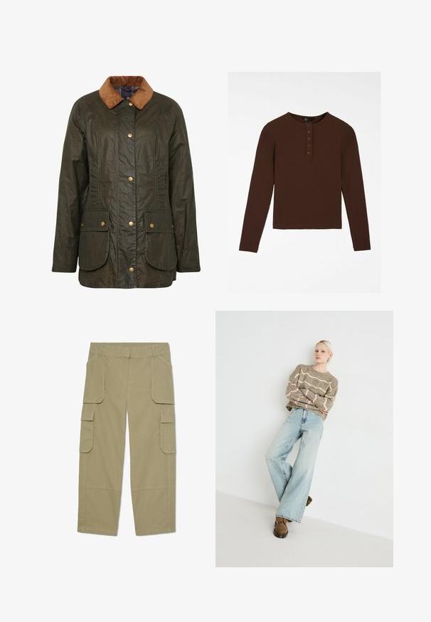 Barbour gewaxte katoenen jas in donkerolijf groen met een corduroy kraag, drukknoopsluiting en twee voorzakken. Gelaagd, duurzaam ontwerp.; Bruine lange mouw shirt gemaakt van geribd materiaal, met een ronde hals, een knoopsluiting met vijf knopen, en een rechte zoom.; Khakikleuren cargobroek met meerdere klepzakken aan de voorkant en zijkanten, rechte pijpen en riemlussen in de taille.; Beige gebreide trui met golvende roze en crèmekleurige strepen, gecombineerd met lichtblauwe wijde jeans en bruine veterschoenen.