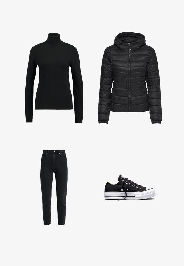 Doudoune noire avec capuche, présentant un design matelassé et une fermeture éclair. Tissu doux et brillant avec des poignets élastiques. Chaude et légère.; Pull à col roulant noir en tissu tricoté lisse. Dispose de manches longues et d'une coupe ajustée, avec des accents côtelés au niveau du col et de l'ourlet.; Jean en denim noir taille haute avec bouton et fermeture éclair à l'avant, deux poches avant et jambe fuselée sur fond blanc.; Baskets basses en toile noire avec semelle plateforme en caoutchouc blanche, lacets noirs et œillets métalliques sur fond blanc.