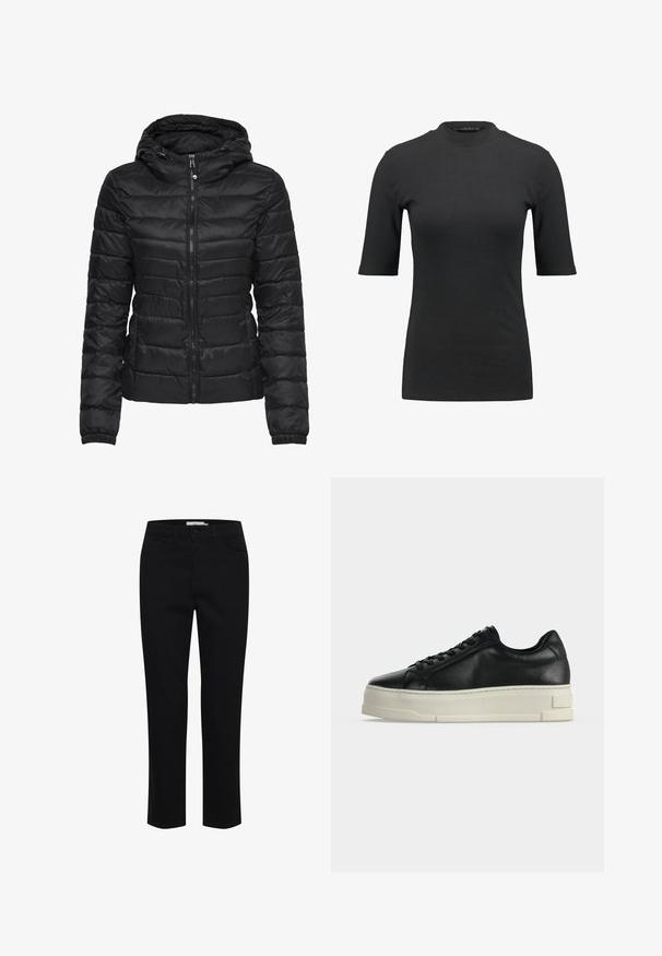 Schwarze Daunenjacke mit Kapuze, ausgestattet mit einem gesteppten Design und einem Reißverschluss. Weicher, glänzender Stoff mit elastischen Bündchen. Warm und leicht.; Schwarzes geripptes T-Shirt mit hohem Hals und kurzen Ärmeln. Glattes, figurbetontes Design ohne Muster oder sichtbare Hardware-Details.; Schwarze Baumwollhose mit geradem Schnitt. Verfügt über fünf Taschen und einen vorderen Knopfverschluss. Glatte Textur, minimale Nähdetails.; Schwarzer Leder-Sneaker mit niedrigem Schaft, dicker weißer Plateausohle und schwarzen Schnürsenkeln auf einfachem hellem Hintergrund.