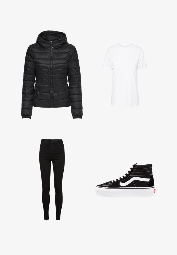 Sort pufferjakke med hætte, med quilted design og lynlås lukning. Blødt, skinnende stof med elastiske manchetter. Varm og let.; Hvid bomulds t-shirt med korte ærmer, rund hals og en afslappet pasform, med en glat tekstur og uden synlige mønstre.; Sorte skinny jeans i denim med høj talje, fem lommer, bæltestropper og subtile syninger. Glat tekstur, tætsiddende pasform.; Sorte høj-top sneakers med hvide snørebånd, et hvidt logo og kontrasterende hvid syning. Har en tyk hvid sål og struktureret ruskindsoverdel.