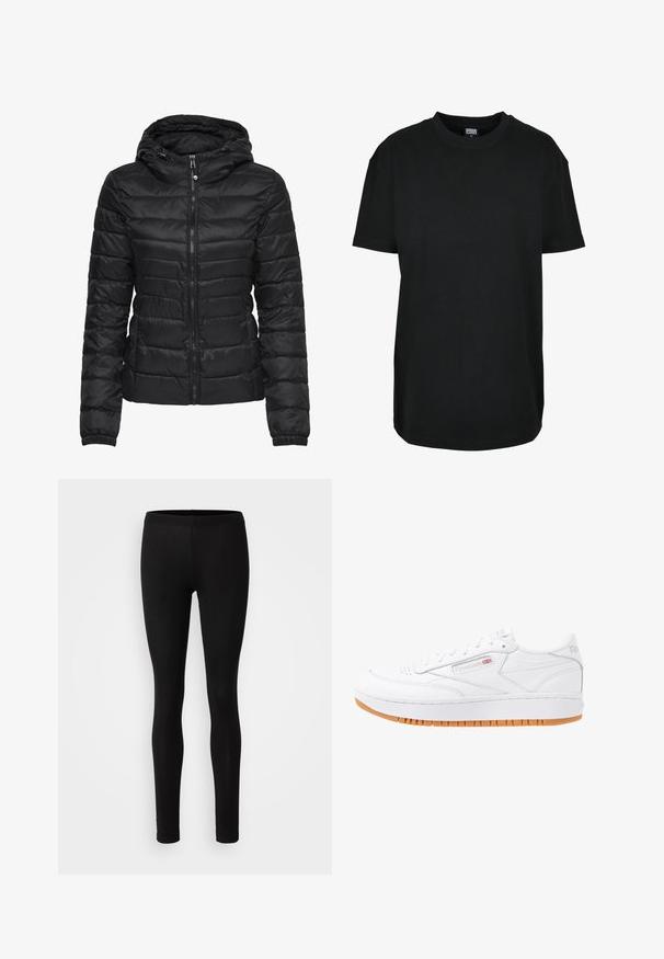 Chaqueta de plumas negra con capucha, con un diseño acolchado y cierre de cremallera. Tejido suave y brillante con puños elásticos. Cálida y ligera.; Camiseta negra de manga corta y cuello redondo en talla XS con etiqueta "Urban Classics" dentro del cuello.; Leggings negros hechos de una tela suave y elástica. Tienen un ajuste ceñido con una cintura elástica y una textura suave y mate.; Zapatillas blancas de cuero con suela de goma, detalles de costura y caja de dedos perforada. Cuenta con un logo en el costado y en el talón.
