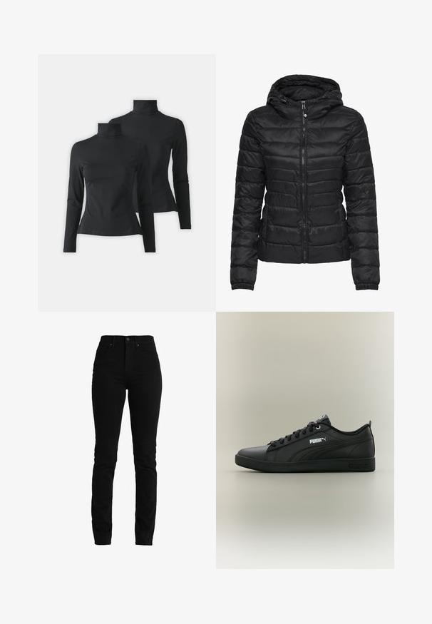 Doudoune noire avec capuche, présentant un design matelassé et une fermeture éclair. Tissu doux et brillant avec des poignets élastiques. Chaude et légère.; Deux chemises noires à manches longues et col roulé présentées sur un fond gris clair uni.; Jean en denim noir avec une silhouette ajustée, taille haute et design à cinq poches. Fabriqué en matériau lisse et extensible pour le confort.; Baskets basses noires Puma avec lacets, logo latéral et semelle texturée sur fond neutre, vues de côté extérieur.