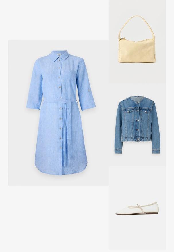 Veste en denim bleu clair avec un col rond, fermeture à boutons, deux poches poitrine et manches longues. Présente des détails de couture et des boutons argentés.; Robe chemise en lin bleu clair avec col, boutonnage sur le devant, manches longues et une ceinture assortie à la taille. Comprend une poche poitrine.; Chaussure plate Mary Jane blanche avec bout pointu, fine bride réglable avec boucle argentée, et semelle marron sur fond blanc.; Petit sac à main en cuir beige avec une seule bandoulière et des clous argentés le long des bords et de la bandoulière, posé sur un fond uni.