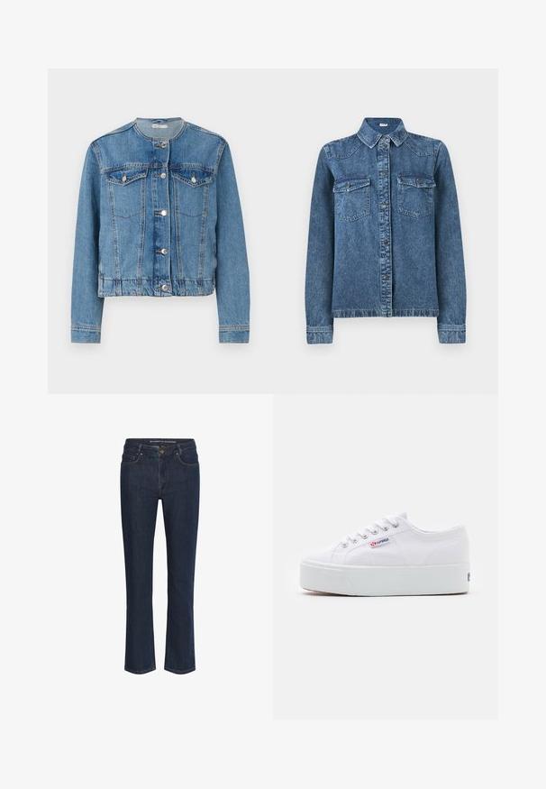 Lyseblå denimjakke med rund halsudskæring, knaplukning, to brystlommer og lange ærmer. Har stikninger og sølvknapper som detaljer.; Denimjakke med lange ærmer, knaplukning foran, foldet krave og to brystlommer med klap og knapper.; Mørkeblå lige ben denim jeans med forlommer, bæltesløjfer og knaplukning.; Hvide canvas sneakers med en tyk hvid platformssål, rund tå og metaløjelets til snørebånd. Mærkets logo præsenteret på siden.