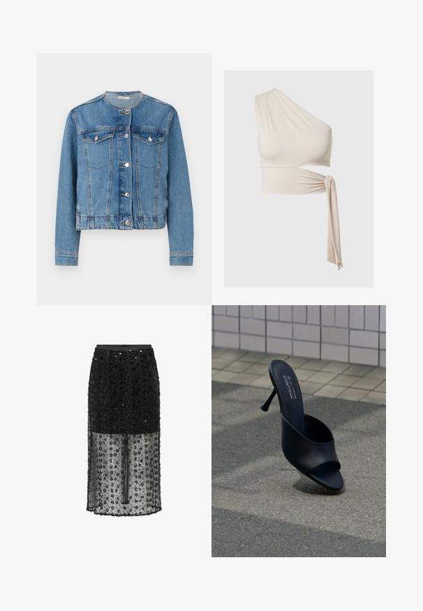 Veste en denim bleu clair avec un col rond, fermeture à boutons, deux poches poitrine et manches longues. Présente des détails de couture et des boutons argentés.; Crop top crème à une épaule avec une découpe latérale et une longue cordelette en tissu sur le côté droit.; Jupe noire en tissu transparent avec un motif floral à paillettes, longueur genou avec une taille ajustée. Surface texturée ajoutant du détail.; Mule noire à bout ouvert avec un talon haut et fin, posée sur de l'asphalte près d'un mur carrelé de beige, avec un texte imprimé sur la semelle intérieure indiquant la marque et le matériau vegan.