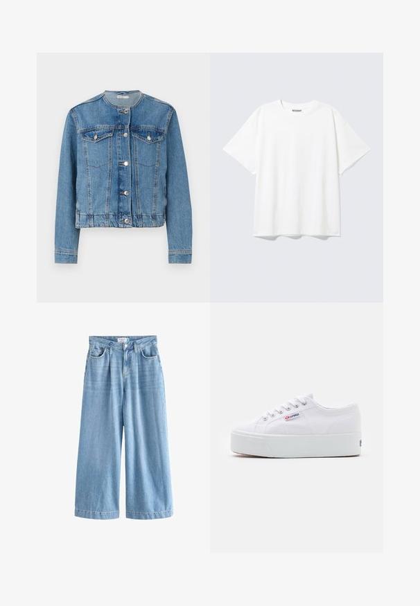 Lyseblå denimjakke med rund halsudskæring, knaplukning, to brystlommer og lange ærmer. Har stikninger og sølvknapper som detaljer.; Hvid T-shirt med korte ærmer og rund halsudskæring med en afslappet pasform og et "WEEKDAY" mærke på indersiden af nakken bagtil.; Lyseblå denim palazzo jeans med brede ben, der har høj talje, frontlommer og knaplukning. Diskret falmet tekstur.; Hvide canvas sneakers med en tyk hvid platformssål, rund tå og metaløjelets til snørebånd. Mærkets logo præsenteret på siden.
