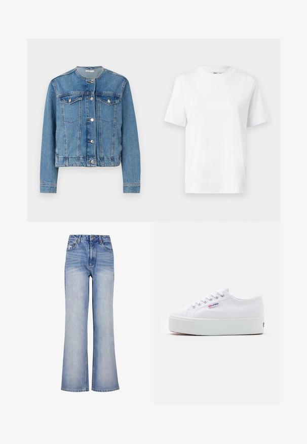 Lichtblauwe denimjas met een ronde hals, knoopsluiting, twee borstzakken en lange mouwen. Heeft stikseldetails en zilveren knopen.; Witte katoenen T-shirt met ronde hals, korte mouwen en een gladde textuur. Ontworpen met een comfortabele en veelzijdige relaxte pasvorm.; Lichtblauwe denim wijde jeans hebben een hoge taille, knoopsluiting, subtiele vervaging en een klassiek design met vijf zakken.; Witte canvas sneaker met een dikke witte platformzool, ronde neus en metalen oogjes voor veters. Merkl logo aan de zijkant weergegeven.