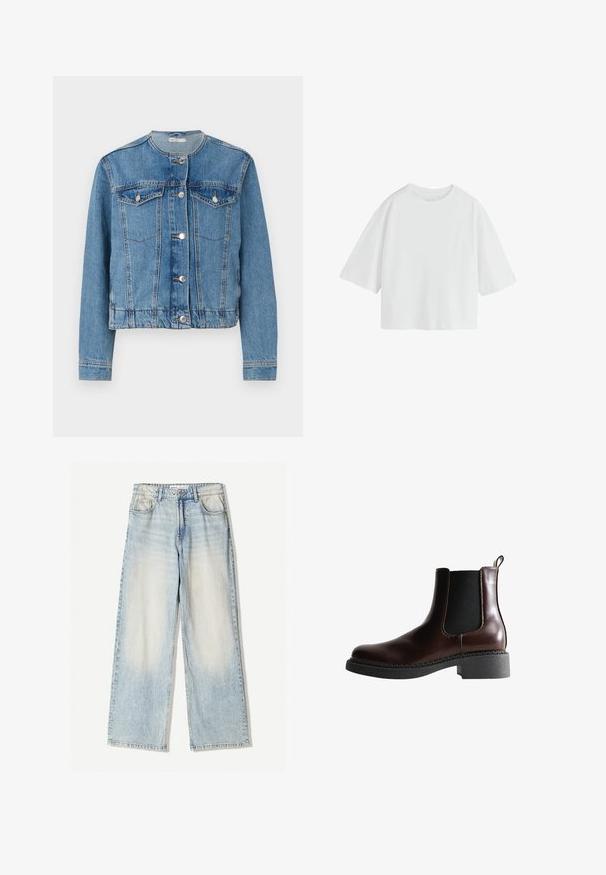 Lyseblå denimjakke med rund halsudskæring, knaplukning, to brystlommer og lange ærmer. Har stikninger og sølvknapper som detaljer.; Simpel hvid oversized T-shirt med korte ærmer, rund hals og løs pasform.; Lyseblå denimbukser med vid ben, der har fem lommer, subtil falmning og synlige sømme langs kanterne.; Brune læder ankelstøvle med elastiske sidepaneler, rund tå og en struktureret sort gummisål. Har kontrasterende syninger og en trækflap.