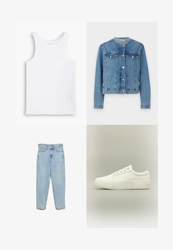 Lyseblå denimjakke med rund halsudskæring, knaplukning, to brystlommer og lange ærmer. Har stikninger og sølvknapper som detaljer.; Hvid bomulds tanktop med brede skulderstropper, en rund halsudskæring og en glat, ribbet tekstur. Ingen mønstre eller detaljer til stede.; Lyseblå højtsiddende denimjeans med forlommer, bæltestropper, knaplukning og tilspidsede ben på en hvid baggrund.; Hvid lavtopet sneaker med tyk sål, metaløjer og snørebånd, vist fra siden på en ensfarvet lys baggrund.