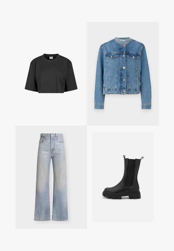 Lichtblauwe denimjas met een ronde hals, knoopsluiting, twee borstzakken en lange mouwen. Heeft stikseldetails en zilveren knopen.; Verkorte zwarte t-shirt gemaakt van katoen, met een ontspannen pasvorm, korte mouwen en een geribbelde ronde hals. Geen zichtbare patronen of accenten.; Lichtblauwe jeans met hoge taille en wijde pijpen, voorzien van een knoop- en ritssluiting aan de voorkant, voorzakken en subtiele vervaagde details.; Zwarte Chelsea-boot van leer en elastische stof, met een chunky rubberen zool met opvallend profiel en trek lussen voor gemakkelijk aan- en uittrekken.