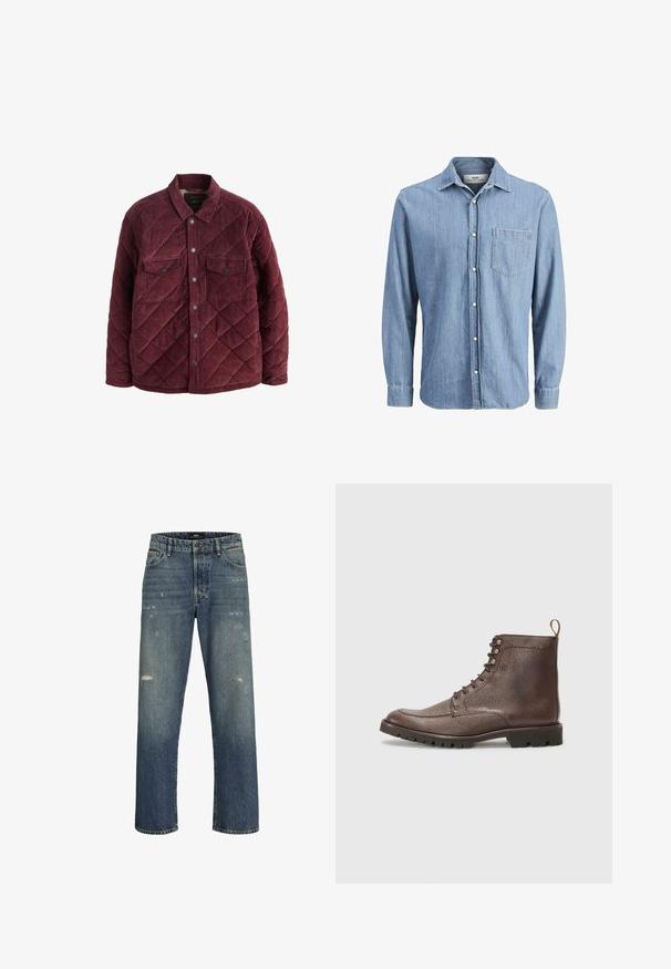 Bordeaux geklede jas van corduroy, met een kraag, drukknoopsluiting en twee borstzakken met kleppen. Ruitpatronen door het hele jack.; Lichtblauwe denim overhemd met een button-down kraag, lange mouwen, een borstzak en een geborduurd logo op de zak.; Blauwe denim jeans met een rechte pasvorm, voorzien van lichte slijtage, een standaard tailleband met een knoopsluiting en vijf zakken.; Hackett London SLOANE APRON - Veterboots - dark mocca brown