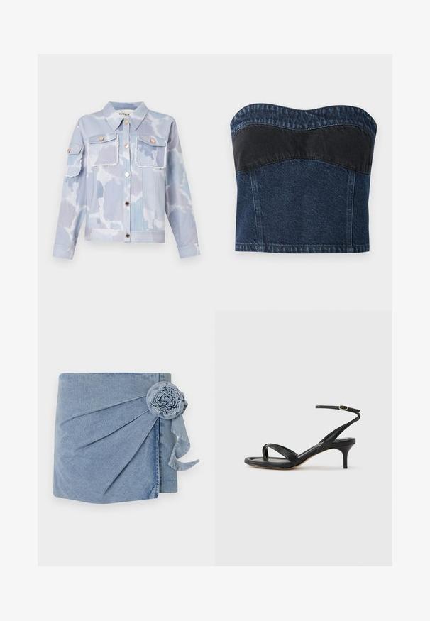 Lyseblå denimjakke med sky-mønster, to forlommer, guldfarvede knapper og slidte kanter. Lange ærmer med knapmanchetter.; Denim strapless top med et mørkeblåt design og en sort panel over den øverste sektion, glat tekstur og buet halsudskæring.; Denimindpakning med en lys blå nuance, intrikate plisseringer og en dekorativ blomst med et svævende bånd. Blød tekstur og afslappet design.; Sort damesandal i læder med tynde remme, en tå-loop, ankelspænde og en mellemhøj stiletthæl på en neutral baggrund.