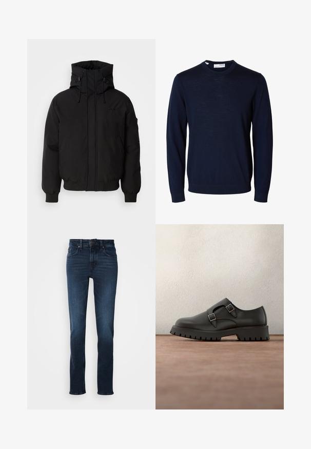 Sort polstret jakke med høj krave, snoretræk i hætten og lynlåse på ærmerne. Har frontal lynlåslukning og sidelommer. Glat stofstruktur.; Marineblå langærmet crewneck-trøje med ribbede manchetter og kant, lavet af fint strikket stof.; Mørkeblå denim jeans med lige ben-design, fem-lomme stil, frontknaplukning og subtilt slid på lårene.; Sort lædersko med dobbelte spænderemme, rundet tå og tekstureret, tyk gummisål. Minimalistisk design med kontrasterende blåt indre.