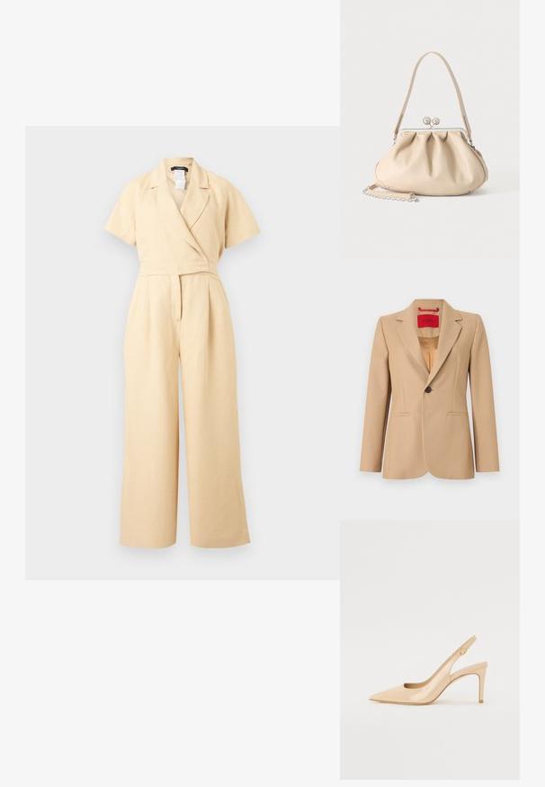 Veste beige sur mesure avec un revers cranté, une fermeture à un bouton, et deux poches avant ; tissu texturé avec une doublure intérieure lisse.; Combinaison beige à manches courtes avec jambes larges, col en V style portefeuille et taille cintrée, réalisée dans un tissu léger.; Escarpin slingback en cuir verni nude avec un bout pointu, un décolleté ouvert et un talon aiguille fin. Comprend un accent doré circulaire sur la sangle.; Sac à main en cuir souple beige avec un fermoir en métal argenté, une bandoulière simple et une bandoulière chaîne optionnelle sur fond blanc.