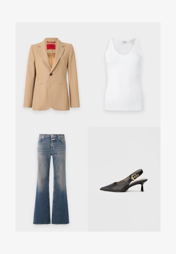 Veste beige sur mesure avec un revers cranté, une fermeture à un bouton, et deux poches avant ; tissu texturé avec une doublure intérieure lisse.; Débardeur blanc pour femme, sans manches, col en V avec fines bretelles, présenté sur un fond gris clair uni.; Jean en denim bleu délavé avec une taille haute, style classique cinq poches, fermeture par boutons et jambes évasées larges.; Chaussure à talon haut noire à bride arrière, avec un bout pointu, une texture en cuir lisse et une accent de boucle dorée sur la bride.