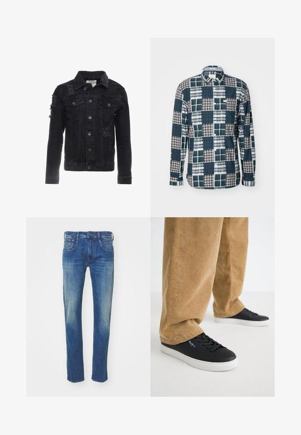 Musta farkku takki, jossa on kuluneita yksityiskohtia, napit edessä, kaksi rintataskua ja klassinen kaulustyyli.; Pepe Jeans CLIVE - Vapaa-ajan kauluspaita - ivy; Siniset farkut, joissa on suora lahkeiden muotoilu, haalistunut pinta, viisi taskua ja metalliosat napissa sekä vetoketjussa.; Musta nahkakengät valkoisilla kumipohjilla. Yhdistetty vaaleanruskeisiin corduroy-housuihin, joissa on pystyribbaus ja rento istuvuus.