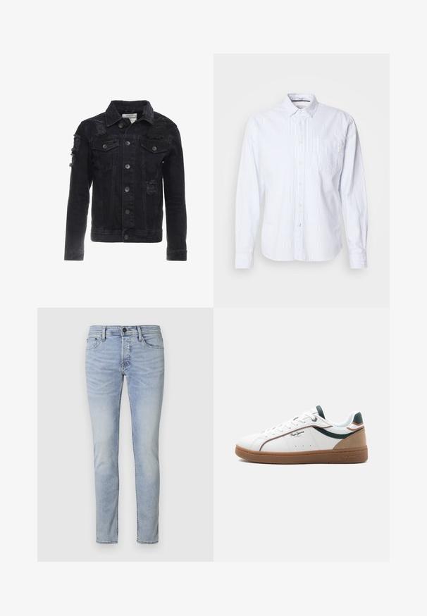 Schwarze Jeansjacke mit zertretenen Akzenten, Knöpfen auf der Vorderseite, zwei Brusttaschen und einem klassischen Kragen-Design.; Weißes Langarmhemd mit hellblauen vertikalen Streifen. Mit Knopfleiste, einer einzelnen Brusttasche und einem kleinen Markenlabel auf der Tasche.; Hellblaue Jeans im Slim-Fit-Stil mit einem Fünf-Taschen-Design und einem Reißverschluss. Sie weisen subtile Ausbleichungen und gestickte Details an den Nähten auf.; Weißer Sneaker mit niedriger Schafthöhe, brauner Sohle, grünen und beigen Akzenten, weißen Schnürsenkeln und dem Logo "Pepe Jeans London" an der Seite.