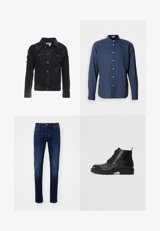 Sort denimjakke med slidte detaljer, knapper på forsiden, to brystlommer og en klassisk kravedesign.; Mørkeblå, langærmet skjorte med knaplukning lavet af letvægtsmateriale, med en klassisk krave og hvide knapper foran.; Mørkeblå slim-fit denimjeans med frontknap, lommer, bæltestropper og subtile falmningdetaljer på benene.; Sorte læder ankelstøvler med rund tå, snørebånd fortil og tekstureret gummisål. Inkluderer en løkke ved hælen for nem påføring.