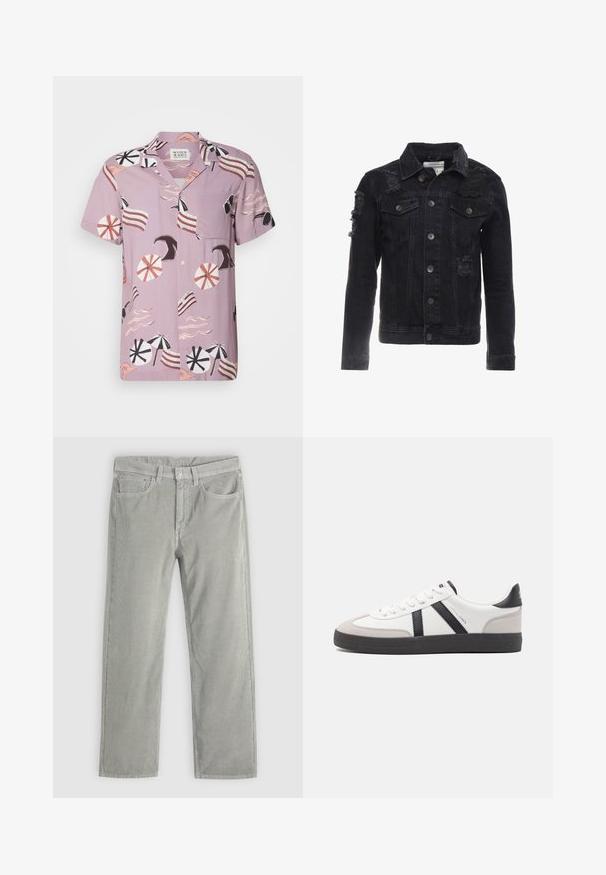 Veste en denim noir avec des accents en détresse, des boutons sur le devant, deux poches poitrine et un design de col classique.; Chemise à manches courtes, de couleur lavande, arborant un motif sur le thème de la plage avec des parapluies, des vagues et des accents rayés. Comprend une poche poitrine et une fermeture à boutons.; Pantalons en corduroy gris clair ajustés avec bouton avant, fermeture éclair, passants de ceinture et design à cinq poches sur un fond uni.; Baskets blanches avec des accents noirs et gris, présentant un embout texturé gris, une semelle en caoutchouc noir et des lacets plats blancs. Design épuré, style minimaliste.