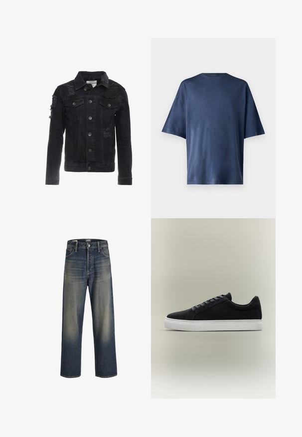 Sort denimjakke med slidte detaljer, knapper på forsiden, to brystlommer og en klassisk kravedesign.; Marineblå kortærmet T-shirt, lavet af blødt stof, har en klassisk rund hals og løs pasform, uden synlige mønstre eller accenter.; Bredde ben jeans i mørkeblå denim med en gradient finish, der har en knaplukning, fem lomme-design og strukturerede syninger.; Sort lavsko-sneaker med hvid gummisål, snøredesign og polstret krave vist på en neutral grå baggrund.