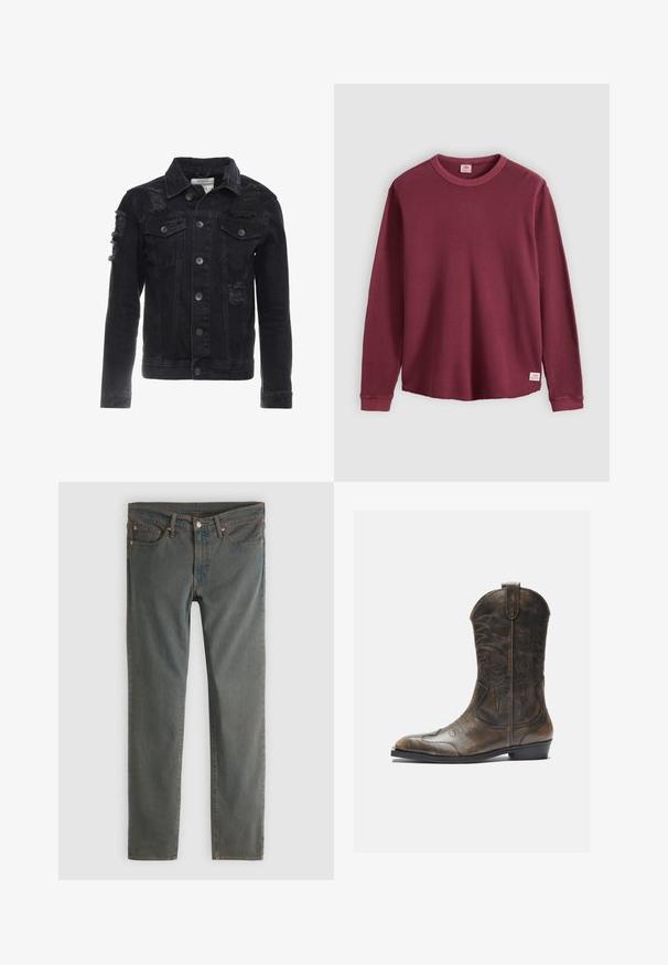 Veste en denim noir avec des accents en détresse, des boutons sur le devant, deux poches poitrine et un design de col classique.; T-shirt bordeaux à manches longues et col rond côtelé, avec poignets retroussés et petite étiquette blanche Levi's au bas de l'ourlet, sur fond uni.; Jean slim gris foncé avec bouton et fermeture éclair à l'avant, design à cinq poches et rivets en cuivre sur les passants de ceinture et les coins des poches.; Botte de cow-boy en cuir marron avec un long tige, un bout pointu, des motifs de couture complexes et un petit talon. Finition texturée tout au long.