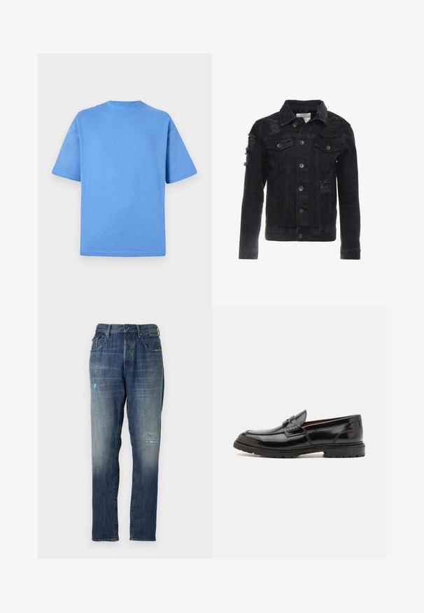 Chaqueta de mezclilla negra con acentos desgastados, botones en el frente, dos bolsillos en el pecho y un diseño de collar clásico.; Camiseta de algodón azul con mangas cortas, cuello redondo y diseño de un solo color. Textura suave y corte relajado.; Jeans de mezclilla en un color azul deslavado, con un diseño de pierna recta, un desgaste moderado en la parte delantera y un estilo clásico de cinco bolsillos.; ALDO ALERIS - Zapatos sin cordones - black