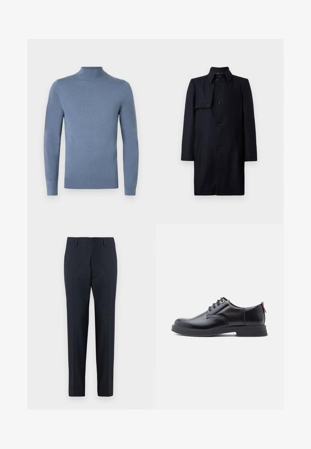 DRYKORN SKOPJE - Halflange jas - dark blue; Lichtblauwe coltrui van gebreide stof, met lange mouwen, geribde kraag en zoom. Eenvoudig ontwerp zonder zichtbare patronen.; DRYKORN AJEND - Chino - blue; Zwarte leren veter schoenen met een gladde textuur, ronde neus en subtiel stiksel detail. Voorzien van een rode trekband op de hiel.