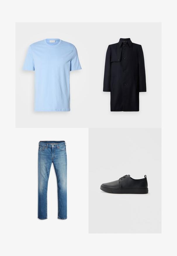 DRYKORN SKOPJE - Manteau court - dark blue; T-shirt en coton bleu clair avec un col rond, des manches courtes et un petit logo brodé sur la poitrine gauche. Texture lisse, coupe décontractée.; Jeans en denim bleu clair avec une coupe droite, cinq poches, fermeture à bouton, décoloration subtile et accents de couture orange.; Baskets en cuir noir avec une finition lisse, bout arrondi, coutures ton sur ton, devant à lacets et semelle plate en caoutchouc. Anse au talon.