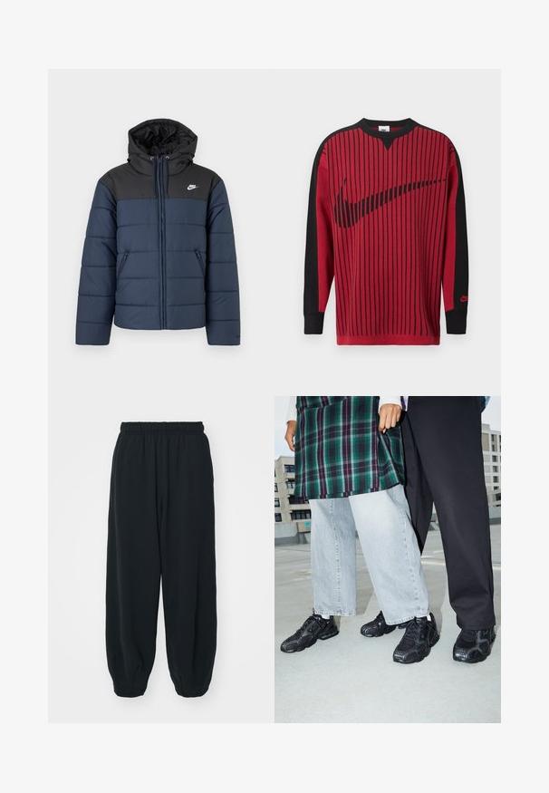 Marineblaue und schwarze gesteppte Nike-Jacke mit Kapuze, Frontreißverschluss, seitlichen Reißverschlusstaschen und weißem Nike-Logo auf der Brust.; Roter Strick-Sweatshirt mit schwarzen vertikalen Streifen, schwarzen Ärmeln und einem schwarzen Nike-Logo. Verfügt über einen Rundhalsausschnitt und gerippte Bündchen.; Schwarze Sweatpants mit elastischem Bund, lockerer Passform, gerippten Beinabschlüssen, glatter Textur und ohne sichtbare Muster oder Hardware-Akzente.; Schwarze Sportschuhe mit Mesh- und Gummielementen. Kombiniert mit hellgrauen weiten Jeans und einem karierten grünen Oberteil. Flacher Hintergrund.