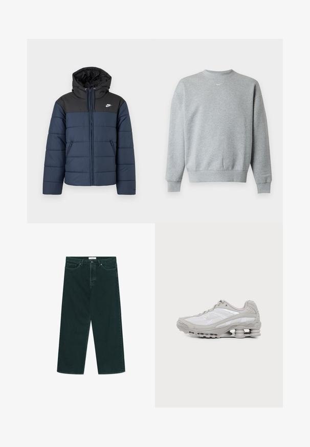 Tmavomodrá a čierna prešívaná bunda Nike s kapucňou, predným zipsom, bočnými vreckami na zips a bielym logom Nike na hrudi.; Svetlosivá mikina s dlhým rukávom a okrúhlym výstrihom, s rebrovanými lemami na rukávoch a spodku, so malým bielym logom Nike swoosh uprostred na hrudi.; Tmavo zelené široké denimové nohavice s gombíkom a zipsom, prednými vreckami a pútkom na opasok, položené na bielom pozadí.; Šedá a biela športová teniska s viditeľnou podrážkou s vzduchovou vložkou a sieťovinovými panelmi, zobrazená v profile na jednoduchom svetlom pozadí.