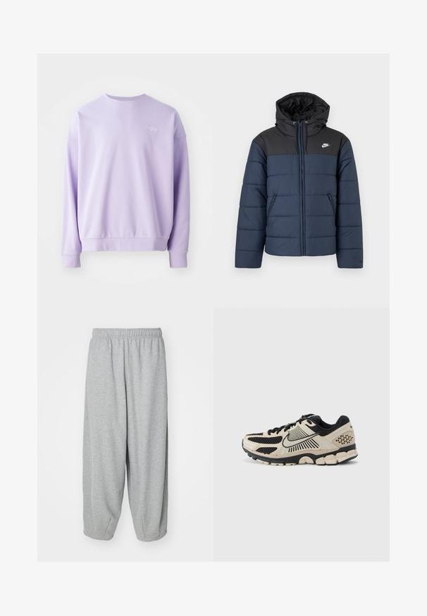 Marineblaue und schwarze gesteppte Nike-Jacke mit Kapuze, Frontreißverschluss, seitlichen Reißverschlusstaschen und weißem Nike-Logo auf der Brust.; Helle lavendelfarbene Rundhals Sweatshirt, aus weichem Material. Mit gerippten Bündchen und Saum, sowie einem kleinen gestickten Nike-Logo auf der Vorderseite.; Helle graue, lässig sitzende Sweatpants aus weichem Stoff. Elastischer Bund und Bündchen an den Knöcheln. Einfaches und ungeschmücktes Design.; Nike-Laufschuh in Creme und Schwarz. Verfügt über ein Obermaterial aus Mesh, strukturierte Akzente, eine dicke Gummiaußensohle und ein markantes Zwischensohlen-Design.