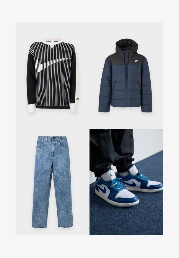 Μπουφάν Nike σε ναυτικό μπλε και μαύρο με επένδυση, κουκούλα, φερμουάρ μπροστά, πλαϊνές τσέπες με φερμουάρ και λευκό λογότυπο Nike στο στήθος.; Ασπρόμαυρο πουλόβερ μακρυμάνικο με κάθετες ρίγες που σχηματίζουν ένα μεγάλο λογότυπο Nike Swoosh στο μπροστινό μέρος και μικρό λογότυπο Nike στη μανσέτα του αριστερού μανικιού.; Μπλε τζιν παντελόνι με οξυζενέ εφέ και ίσια γραμμή, μπροστινό κουμπί, τρύπες ζώνης και πέντε τσέπες.; Τα παπούτσια Nike Air Jordan διαθέτουν λευκή δερμάτινη βάση με μπλε συνθετικά στοιχεία, περφοριέται μπροστινός τομέας και μπλε κορδόνια.