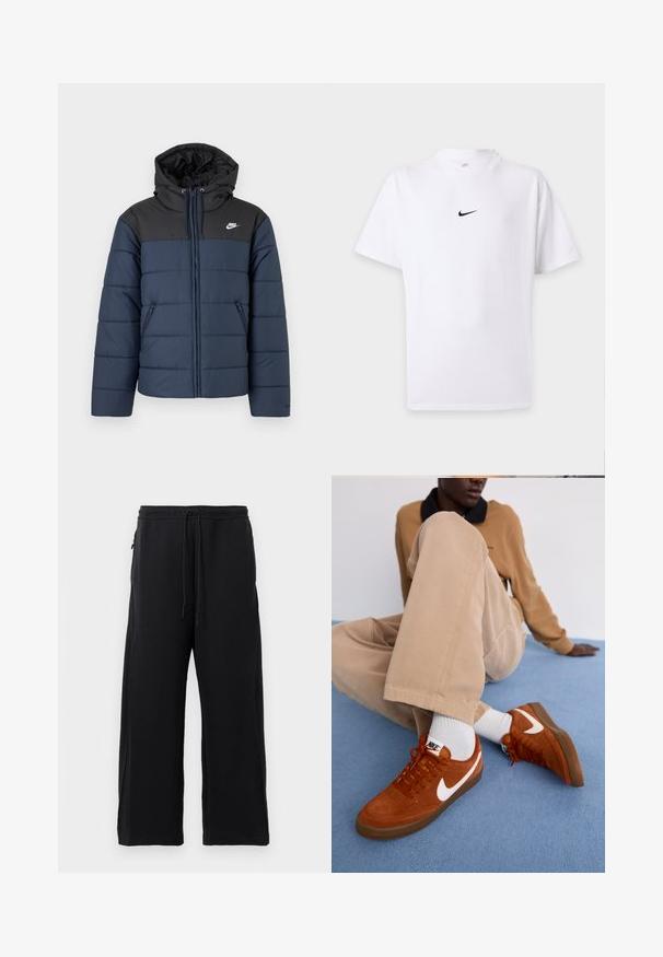 Chaqueta acolchada Nike azul marino y negra con capucha, cremallera frontal, bolsillos laterales con cremallera y logo blanco de Nike en el pecho.; Camiseta blanca de manga corta con el logo negro de Nike swoosh centrado en el pecho y un cuello redondo sencillo.; Pantalones de chándal negros hechos de una tela suave, con cintura elástica ajustable, diseño de pierna ancha y bolsillos laterales con una textura lisa.; Zapatillas de ante marrón con el logo de Nike en blanco y suelas de goma, combinadas con pantalones beige claros y calcetines cortos blancos sobre una superficie azul.