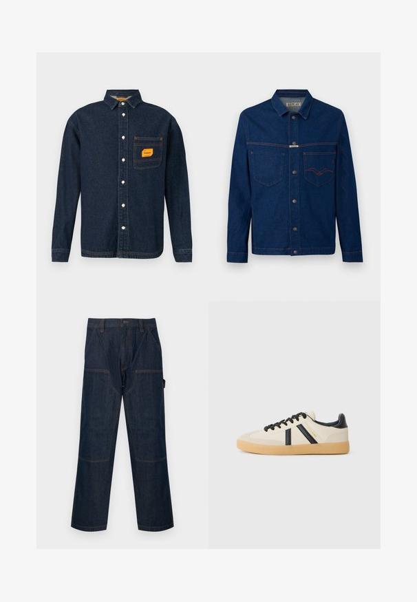 Mørkeblå denimjakke med lange ærmer, knaplukning foran, brystlommer og kontrastfarvet orange syning, mærket Replay på kraven og lommen.; Mørkeblå denimskjorte med knap-ned krave, orange label på brystlommen og hvide knapper. Blød tekstur med kontrastsyninger.; Mørkeblå denim arbejdspants med lige ben, forstærkede knælapper, sidelommer, bæltestropper og lukning foran med knap.; Casual sneakers i creme med sorte striber, med en tekstureret overdel og sål i gummigummi. Snørebåndene er sorte. Diskret logo på siden.