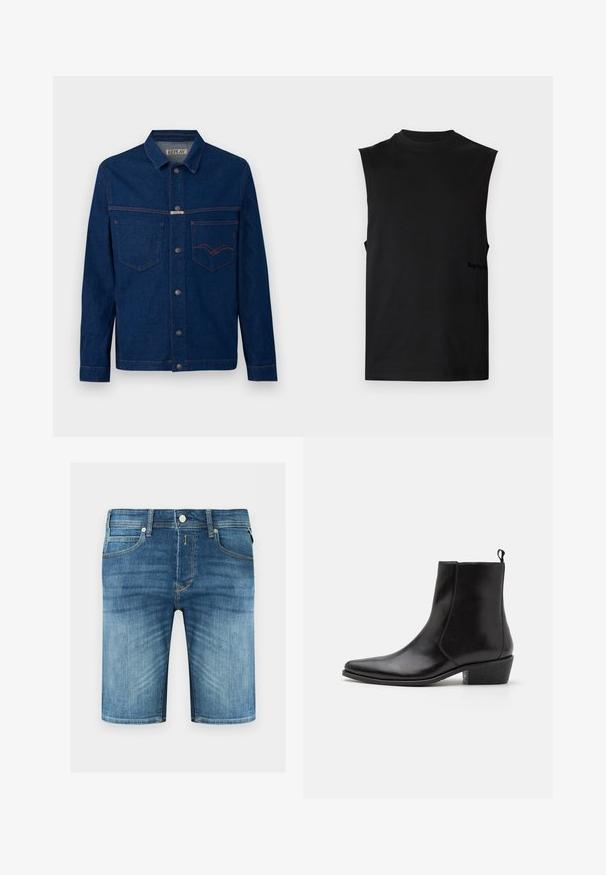 Veste en denim bleu foncé à manches longues, fermeture à boutons, poches poitrine, et surpiqûres contrastantes orange, étiquetée Replay sur le col et la poche.; Débardeur muscle noir sans manches avec col rond haut, ourlet droit et logo discret sur le côté inférieur.; Shorts en denim bleu pour homme avec bouton devant, fermeture éclair, passants de ceinture et détails délavés sur les cuisses et les poches.; Zign by Zalando LEATHER - Bottines de cowboy / motard - black