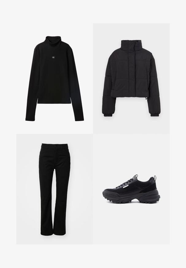 Chaqueta de abrigo negra recortada con un alto cuello, con secciones acolchadas, puños elásticos y un pequeño logotipo en el pecho.; Top negro de cuello alto acanalado de manga larga con un pequeño parche cuadrado con el logo de Calvin Klein centrado en el pecho.; Pantalones de algodón negros con un diseño de pierna recta, que presentan un cierre frontal con botón, cinturas para cinturón y dos bolsillos laterales. Textura suave.; Zapatilla deportiva negra con parte superior de malla, suela gruesa, cordones y pequeño logo de Calvin Klein en el lateral y en el área de la puntera.