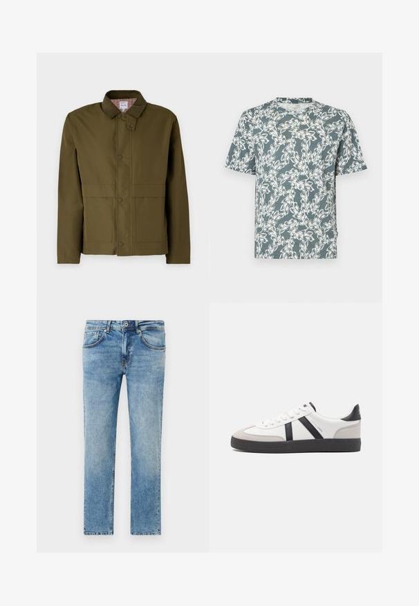 Oliven grøn jakke med et kordfløjlskrave, trykknapper, to frontlommer og et ternet for. Klassisk, struktureret design.; Kortærmet T-shirt i teal-farve med et hvidt blomsterdesign. Fremstillet af letvægtsstof med en afslappet pasform.; Lysblå jeans lavet af denim med et lige ben-design, der har fem lommer, subtile stingdetaljer og en falmet finish.; Hvide sneakers med sorte og grå detaljer, med en tekstureret grå tåhætte, sort gummisål og flade hvide snørebånd. Rent design, minimalistisk stil.