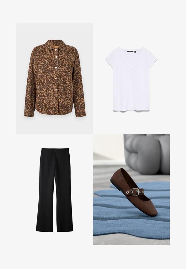 Leopardmønstret knappet jakke med krave, to forlommer og knapper i rosaguld. Fremstillet af tekstureret stof i brune og sorte toner.; Hvid kortærmet t-shirt med dyb V-hals, lavet af blød bomuldsstof, med en afslappet pasform og ren syning.; Sorte brede bukser lavet af et glat stof, med et enkelt design, forknydder og en skræddersyet finish uden synligt hardware.; Brun ruskind flad sko med spænde-rem, der hviler på tekstureret blåt tæppe med gråt polstret møbel i baggrunden.